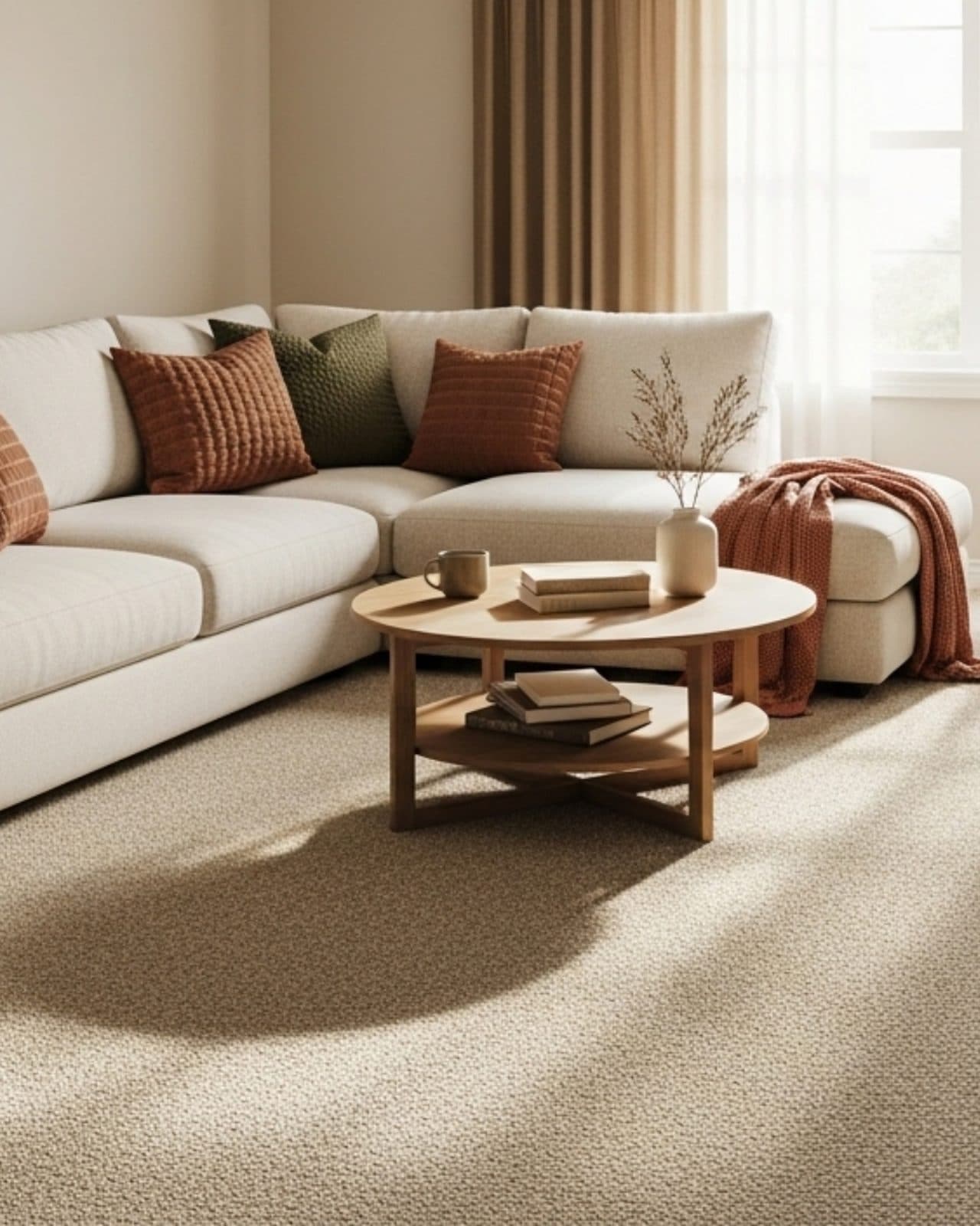Living room with a sectional sofa and freshly cleaned carpet in a Lexington, SC home